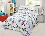 Kids Zone Collection Bedspread Set Kids/Teens Safari Animals White Quilted Bedding Set with Lion Zebra Giraffe Print Twin New # Jungle