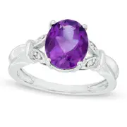 Oval Amethyst and Natural Diamond Accent Leaf Split Shank Ring in Solid 10K White Gold