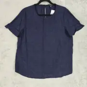 Ann Taylor Top Womens Size PL Navy Bird Textured Rayon Lightweight Short Sleeve