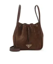 Prada Logo Plaque Drawstring Bucket Bag One size cocoa brown