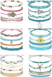 [Kakonia] 24 Pieces Waterproof String Bracelets for Women Surfer Wave Boho Bracelet Adjustable Handmade Friendship Bracelet String Ocean Beach Boho Bracelets Anklets for Women