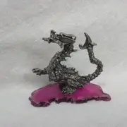 Small Metal Dragon Figurine Mounted On Natural Geode Slice - Great Gift! GOT