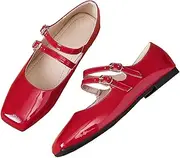 Stunner Women's Red Mary Jane Flats Retro Square Toe Soft Ballet Flats Comfort Double Line Strap Wedding Flats