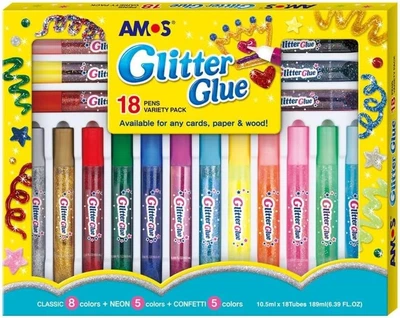 Amos Glitter Glue, Pack of 18, 10.5 Ml
