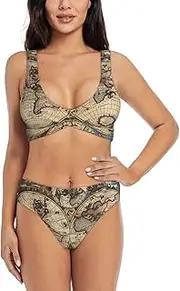 [GaxfjRu] Ancient Map World Globe Bikini Sets for Women 2 Pcs, High Waisted Bikini Sets for Women, Comfortable Swimsuits for Women 2024
