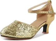 [OCHENTA] Women's Sequined Leather Pointed Toe Kitten Heel Latin Ballroom Dance Shoes