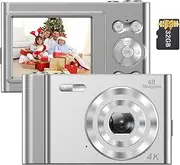 4K Digital Camera Video Camcorder 48MP 2.4 Inch IPS Screen Auto Focus 16X Digital -Shake Face Detect Smile Capture Built-in Flash & Battery with 32GB ry Card for Silver