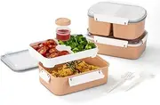 Lille Home 3-Pack Salad Food Storage Containers, 3800ml Bento Boxes, with Lids and Removable Trays, Fork and Spoon, for Lunches, Salads, Snacks & Fruits (Pink)
