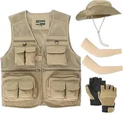 [Shyyween] 4 Pcs Fishing Vest and Hat for Men Safari Vest with Pockets Include Summer Lightweight Outdoor Jacket with Bucket Hat Fishing Gloves Ice Silk Sleeves for Outdoor Work, As Shown in the Picture