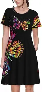 [EdWal] Colorful Butterfly Print Womens Sundress Summer Floral Short Sleeve Wrap Round Neck A-Line Midi Dress Summer