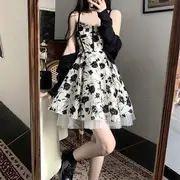 Spaghetti Strap Floral Mini A-Line Dress / Plain Cropped Cardigan Cardigan - Black - M