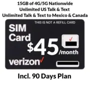 Verizon Prepaid New Act $45 Unlimited Talk, Text, 15GB 5G Data Plan For 90 Days.