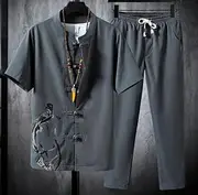 [MOOCO MORNING] Summer Chinese Style Linen Tang Suit Traditional Clothing Men Shorts Tai Chi Uniform Retro Short Sleeve Shirt Pants Set