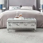 Modern Upholstered Ottoman Bed End Faux Leather Rectangular Storage Bench Footrest with Crystal Buttons Extra Seating or Shoe Changing Stool for Bedroom, Living Room or Entryway (Silver)