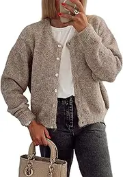 [Ynhonra] Women's Long Sleeve Front Button Y2k Cardigan Sweaters Crew Neck Loose 2024 Fall Tops