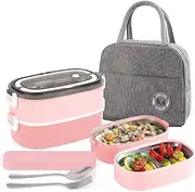 UHAPEER 2 Tier Bento Box With 3 Compartments & Cutlery, Leakproof Food Storage Container for Adult Kids, Portable Lunch Box With Bag for Work School