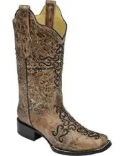 CORRAL Women's Distressed Bronze Crystal Embroidered Cross Square Toe R1288