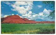 Utah Landscape, Red Bluffs, Green Fields, Blue Sky, Circa 1970's Unused Postcard