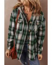 Womens Plaid Button Up Shirt with Hood Green - Shirts -Size 2XL