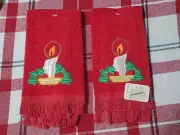 Vtg Embroidered Fringe Hand Towels Red Christmas Fingertip Candlestick Farmhouse