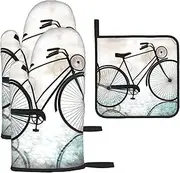 3 pcs Oven Mitts and Pot Holders Set 500°F Heat Resistant Oven Gloves and Hot Pads Kitchen Mittens Retro Bicycle Cooking Gloves Potholders for Baking Grilling