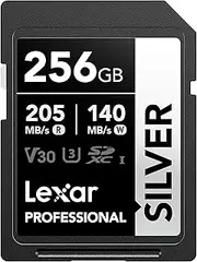 Lexar Professional Silver SD Card 256GB, Up to 205MB/s Read, 140MB/s Write, SDXC UHS-I Memory Card, Class 10, U3, V30, SD Card for DSLR, Camera, Professional Photographers, Videographers, Enthusiasts