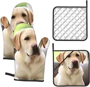 4 pcs Oven Mitts and Pot Holders Set 500°F Heat Resistant Oven Gloves and Hot Pads Kitchen Mittens Cute Labrador Dog Cooking Gloves Potholders for Baking Grilling