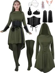 Morakot 10 Pcs Women Medieval Renaissance Fairy Costumes Set Medieval Hooded Robe Elf Accessories for Halloween Cosplay Dark Green Small