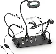 Helping Hands Soldering Circuit Board Holder Magnetic Third Hand Tools with 3X LED Magnifying Lamp, 360 Hot Air Gun Holder, Flexible Metal Arms Heavy Duty Base Electronic Repair Tool Magic Hand