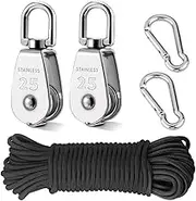 TooTaci 2pcs M25 Crane Pulley Block,Heavy Duty Pully System for Lifting,304 Stainless Steel Swivel Hook Single Pulley Block with 20M(6mm) Nylon Pulley Rope & 2pcs Carabiner Snap Hook