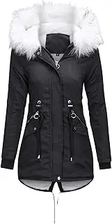 [HOOD CREW] Women’s Hooded Cotton Faux Fur Lined Zip Up Jacket Slim Fit Outwear Parka Coat With a Drawstring Waist