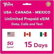 TSIM Prepaid USA eSIM 15 Days | Unlimited 4G/5G High-Speed Data in the USA + 5GB High Speed Data in Canada & Mexico | Unlimited Local Calls + Free Incoming Calls & SMS