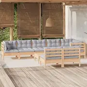 9 Piece Garden Lounge Set with Grey Cushions Solid Pinewood, Garden Furniture Sets