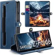 [japezop] Compatible with Samsung Galaxy Z Fold 6 Wallet Case with S Pen Holder,Card Holder RFID Blocking Kickstand Magnetic,Leather Flip Case Wallet for Galaxy Z Fold 6 5G 7.6 Inch(2024) (Blue)