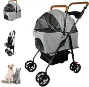 Pet Stroller with Storage Basket and Cup Holder, Folding Dog Stroller, Foldable Cat Stroller, 4 Wheels Puppy Kitten Cat Dog Cart, Breathable Mesh for Medium Dog Cat (Gray)