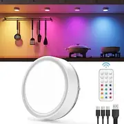 USB Rechargeable RGB Puck Light - 1600mAh Rechargeable Battery Powered Cabinet Lights with Remote Control, Magnetic Stick-On LED Tap Light for Cabinets, Wardro