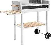 XXL Trolley Charcoal BBQ Grill Stainless Steel with 2 Shelves, Adjustable Cooking Height, Chrome-Plated Grid, 105x44x89 cm, Portable Outdoor Metal Rolling Grill Stand with Side