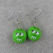 CHOCOLATE CANDIES Dangle Earrings Silver Tone Novelty 3D Candy Lady Green M&Ms