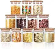 12 PCs Set Glass Jars with Bamboo Lids, 250ml Clear Glass Food Storage Containers with labels, Wide Mouth Glass Kitchen Canister with Airtight Bamboo Lids for Beans, Tea, Nuts and More Dry Goods