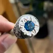Natural Blue Topaz Ring Bithday Gift For Him Unique Design Engraved Ring Silver