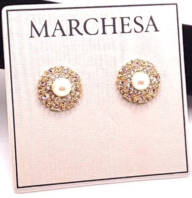 MARCHESA Designer Beautiful Gold Tone Faux Pearl Halo Stud Earring