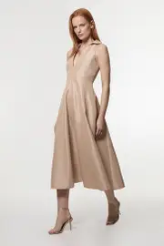 Petite Metallic Taffeta Tux Tailored Full Skirted Shirt Dress