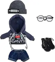 niannyyhouse 20 cm Doll Clothes Hat Leopard Jacket Jeans Glasses Shoes 8 Inch Plush Doll Accessories (Black)