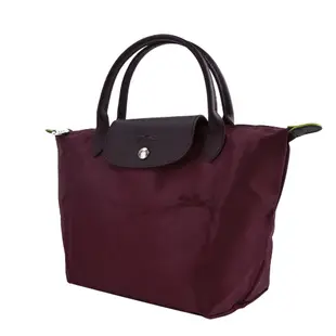 LONGCHAMP LE PLIAGE GREEN系列刺繡短把再生尼龍摺疊水餃包(小/酒紅)