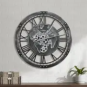 Micasso 24 Inch Real Moving Gears Clock, Large Black Gear Wall Clock with World Map, Vintage Wood Frame Non-Ticking Battery Operated Silent Mechanical Clock for Office, Living Room, Kitchen