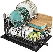 MAJALiS Dish Drying Rack for Kitchen Counter, Stainless Steel Large Dish Drainers Strainer with Drainboard Set for Sink, 2 Tier with Utensil Holder, Cups Holder,Extra Drying Mat, Black
