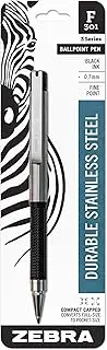 Zebra F-301 Compact Ballpoint Stainless Steel Retractable Pen, Fine Point, 0.7mm, Black Ink, 1-Count