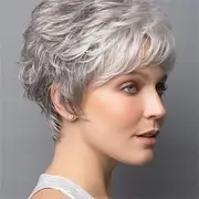 Short Curly Grey Pixie Wigs for White Women Sliver Grey Layered Synthetic Wig Natural Looking Pixie Cut Fluffy Wigs with Bangs ChristmasPartyWigs
