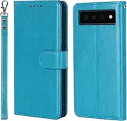 Case for Google Pixel 6A Leather Wallet Case with Card Holder Slot SunYoo Protection Shockproof Cover Kickstand Magnetic Handbag with Wrist Strap Women Men Flip Folio for Google Pixel6A Blue