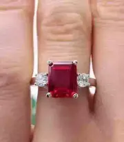 2Ct Emerald Cut 3 Stone Lab Created Ruby Engagement Ring 14K White Gold Plated